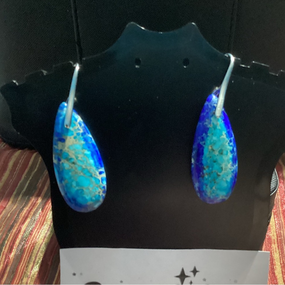 🪸Blue Sea Sediment Waterdrop Natural Stone French hook Earrings🐚 - Picture 5 of 12